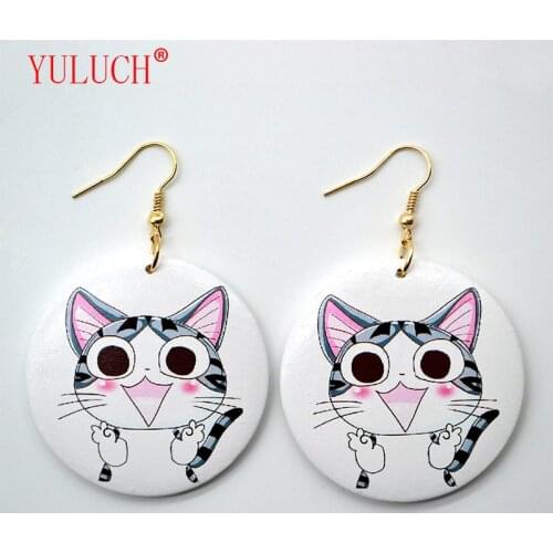 YULUCH 2018 New Design Handmade Cute Kitten Color Printing Wooden Round Fashion Woman Personality Jewelry Accessories Gift