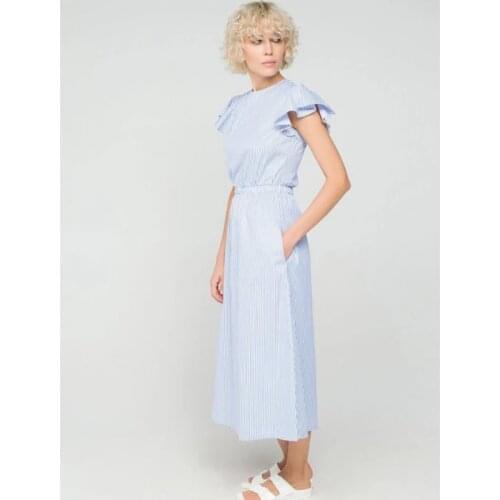 Women Vintage Blue Striped Ruffled Long Dress Summer High Street O neck Dresses Elegant Butterfly Sleeve Beach Party Dress