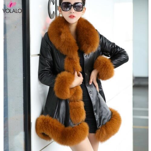 Plus Size Thick Winter Coat Womens Leather Jacket Female Jaqueta De Couro Feminina Faux Fox Fur Collar PU Leather Jackets S-6XL