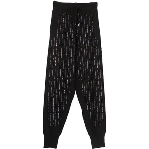 Women fashion Rhinestones Haroun pants spring and autumn Knit pants shining long pants
