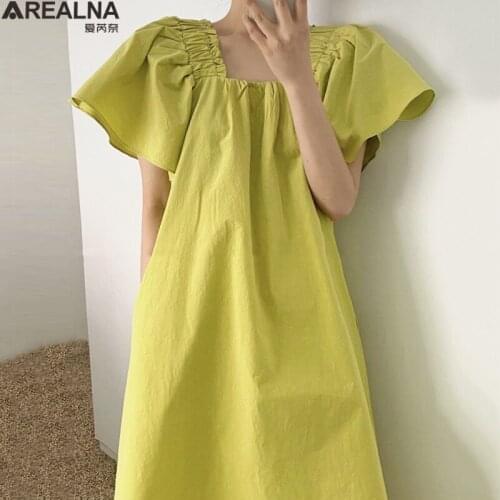 Dresses for Women 2021 Summer Korean chic Square neck Flared sleeves folds Elegant short sleeve yellow Party loose midi Dress