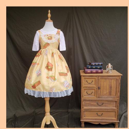 Hamburger Hotdog Print Cute Womens Lolita 2pcs Dress Set: JSK Suspender Dress + Striped Cotton Short Sleeve Shirt Tee