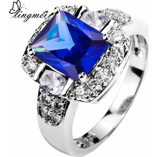 Lingmei Wedding Band Fashion Gorgeous Blue & White & Pink & Purple Zircon New Silver ColorRing Size 5 -13 Valentine Women