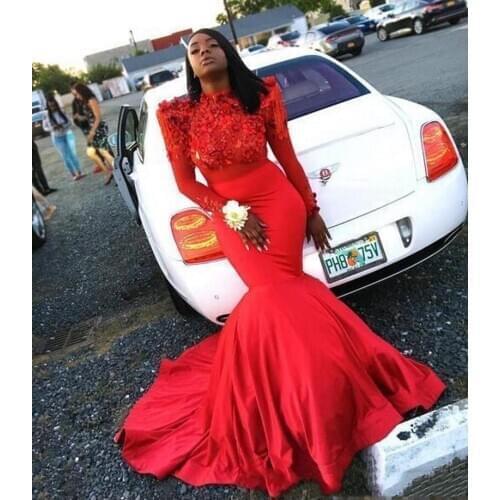 Beautifulinwhite Red Plus Size Prom Dresses Long Sleeves Mermaid Satin 3D Flowers robe de soiree Formal Party Dresses DP0462