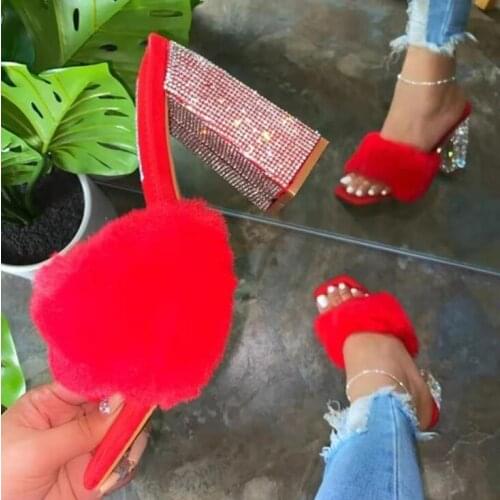 2021 summer women new high-heeled rhinestone single layer plush plus size all-match sandals outdoor banquet fashion slippers