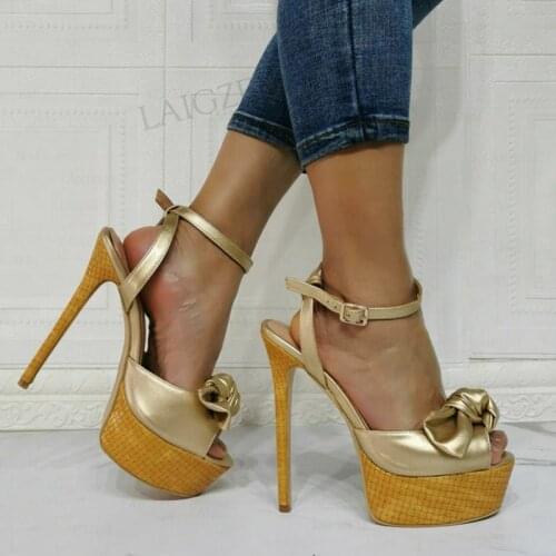 BERZIMER Women Platform Sandals Slim High High Heels Pump Ankle Straps Female Gold Silver Prom Shoes Woman Big Size 41 44 48 52