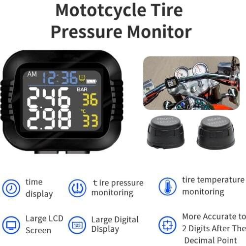 Motorcycle TPMS Wireless Tire Pressure Temperature Monitoring Alarm System With LCD Digital Screen Display 2 External Sensors