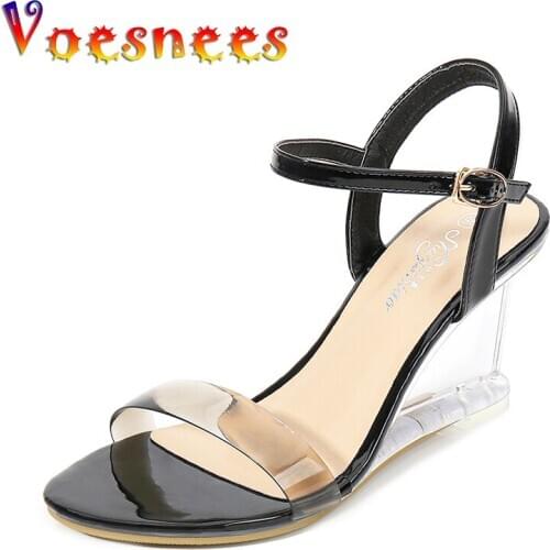 Voesnees Wedge Heel Sandals Women Fashion Crystal Party Shoes Open Toe Transparent High Heel Word Belt 8 CM Black Buckle Strap