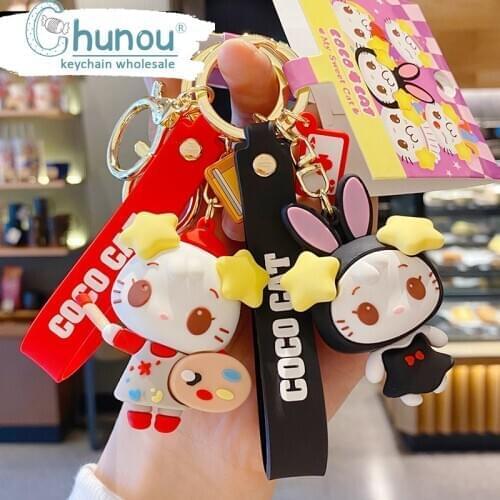 Cartoon Sweet Cat Keychain Cute Women Handbag Key Chain Keyring Silicone Doll Pendant Accessories Exquisite Gift Sleutelhanger