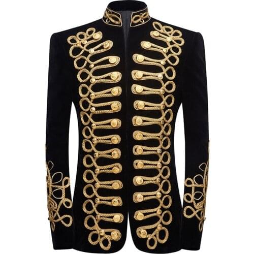 Gold Embroidery Black Velvet Court Blazer Coat Men Stylish Blazer Nightclub Male Singer Host Stage Costume Studio Stage Wear