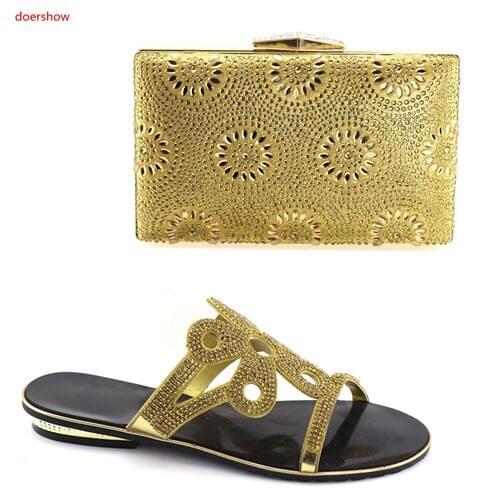 Doershow goldMatching Italian Shoe and Bag Set Decorated with Rhinestone African Matching Shoes and Bags Italian In Women SBV1-9
