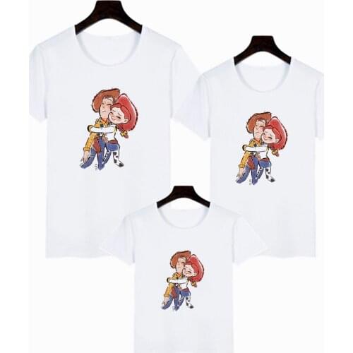 Harajuku Cartoon Toy Story Cowgirl Jessie Hugs Cowboy Woody Print T-shirt Children Tops Sweet Casual Adult Unisex Famliy Look