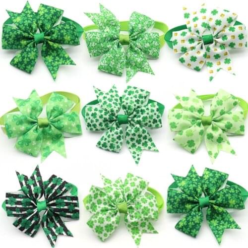 30/50 Pcs St. Patricks Day Pets Dog Bowties Necktie Green Clover Design Dog Bows Pet Tie Dog Accessories Supplies Puppy Dog Tie