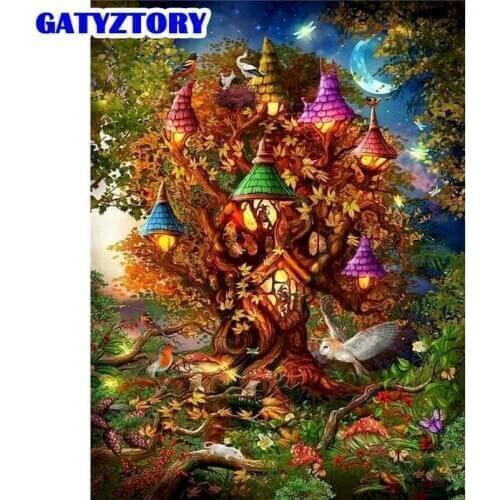 GATYZTORY Birds On Colorful Tree Landscape Painting By Numbers Kits For Kids Unique Halloween Gift Oil Photo By Number Color Pai
