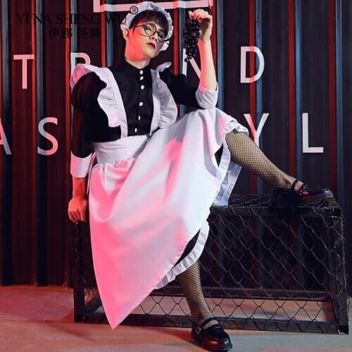 Mens Maid Outfit Anime Long Dress Black and White Apron Dress Lolita Dresses Cosplay Costume Housekeeper Maid Stage Costumes