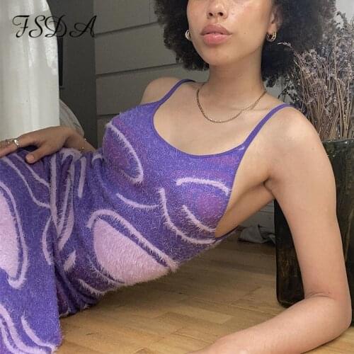 FSDA 2021 Summer Print Knit Bodycon Dress Women Hollow Out Green Purple Y2K Sexy Sleeveless Beach Midi Dresses Party