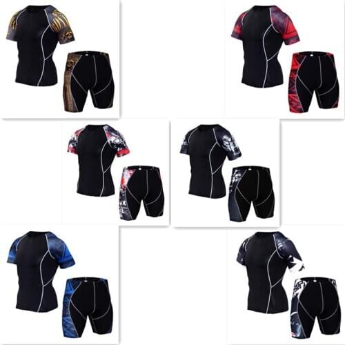 Summer Men Sportswear Sweatsuit Elastic Compression Tights Short Sleeve Swearshirt Running Jogger Fitness Outfit Gym Clothing