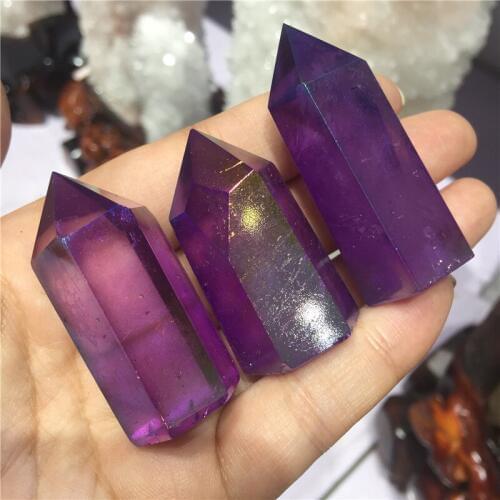 Natural crystal quartz crystal specimen obelisk crystal wand point electroplating purple aura quartz Titanium coating 1pc