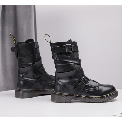 2021 New Autumn Winter Fashion Leather Boots Black High-top Boots Buckle Mid-tube Platform Boots Motorcycle Rider Womens Boots