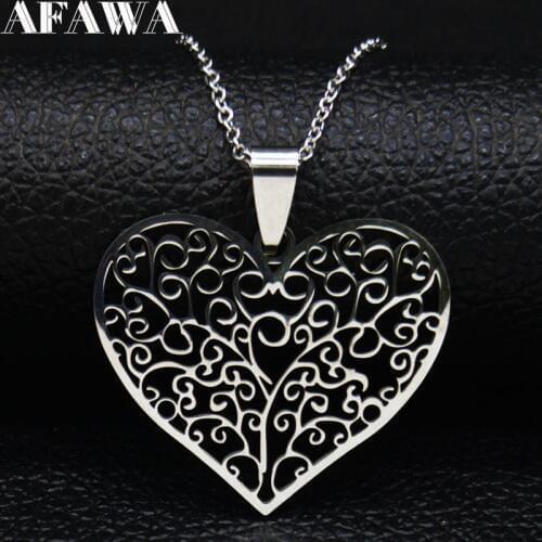 Tree of Life Heart Silver Color Chain Necklace for Women Stainless Steel Necklaces Jewelry acero inoxidable joyeria mujer N3044