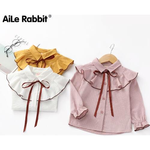 2019 Autumn New Girls Long-sleeved Shirt Lotus Leaf Chiffon Pink Shirt College Wind Ribbon Bow Childrens Fashion
