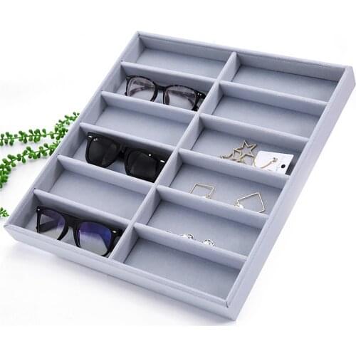 Glasses Wooden Display Tray Eyewear Eyeglasses Sunglasses Velvet Liner Storage Display Case, 6 Grids