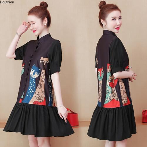 Houthion Plus Size Womens Dresses New Printed Close Waist Midi Dress Long Sleeve Fashion Casual Korean Button Knee-Length