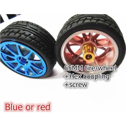 For motor High quality 1PCS 65mm car wheels + Hex coupling + screw Wide 27MM 1/10 model red or blue FOR rally/drummer/grip