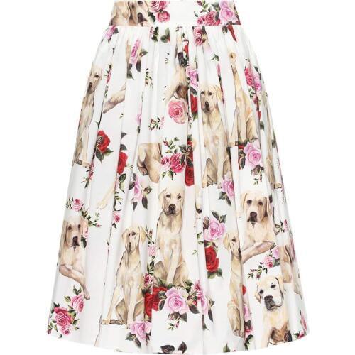 Customized 2018 New Arrival Dog Rose Flower Printed Pleated Knee-Length Skirt Plus Size Imitation Silk Skirts Saia Femininas