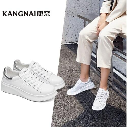 KANGNAI Women Shoes White Flat Round Toe Patchwork Female Sneaker Lace-Up Breathable Casual Shoes