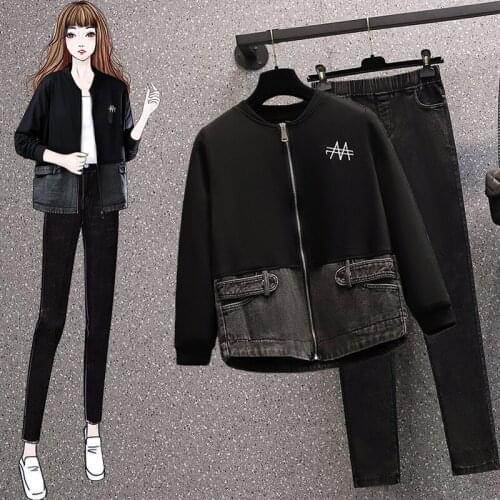 Real shot large size womens wear 2021 spring new sweater splicing denim coat slim casual elastic pants suit