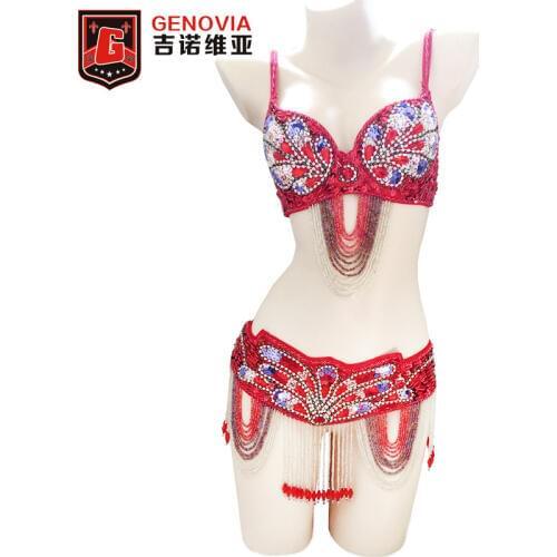 2018 Women Sexy Belly Dance Top Bra+belt 2 Pieces Suit Handmade Beaded Ladies Belly Dance Costume Set Bra Top Hip Scarf 7 Color