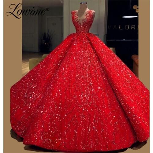 Glitter Prom Dresses Evening Dress 2019 Red Robe De Soiree Arabic Celebrity Party Gowns Couture Dubai Middle East Women Dresses
