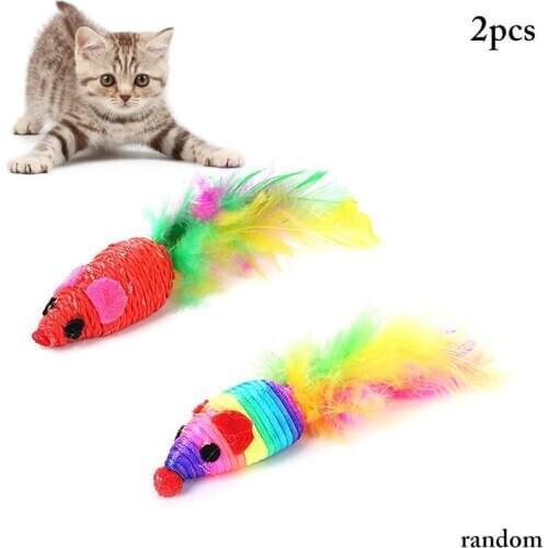 2PCS Cat Mouse Toy Colorful Plastic Mouse Toys Cat Feather Toy Kitten Bite Toy