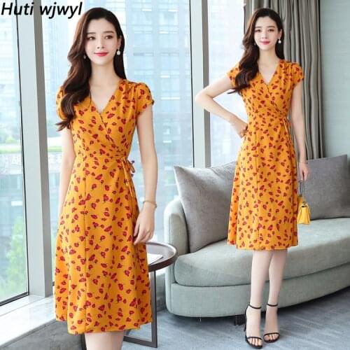 2021 Yellow Print Chic Beach Midi Dresses Summer New Vintage Plus Size Boho Floral Sundress Elegant Women Bodycon Party Vestidos