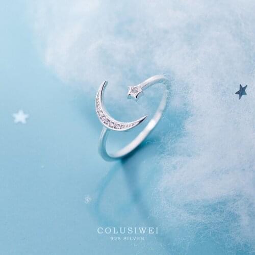 COLUSIWEI 925 Sterling Silver Dazzling Clear CZ Star Moon Ring for women Fashion Open Abjustable Rings Enagement Fine Jewelry
