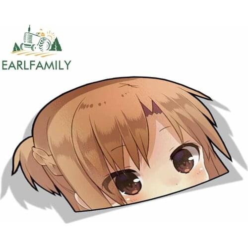 EARLFAMILY 13cm x 7.9cm for Yuuki Asuna Sword Art Online Peeker Anime Big Head Vinyl Car Sticker JDM Rear Windshield Trunk Decal