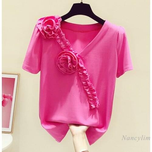 Floral V Neck T Shirt Women 2021 Summer New Fashion Sweet Three-Dimensional Flower Short -Sleeve Cotton T-shirts Casual Slim Top