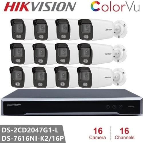 Hikvision 4K 16CH POE NVR Kit 16pcs Hikvision 4MP IP Camera DS-2CD2047G1-L Indoor/Outdoor Hik-Connect Plug and Play IP67