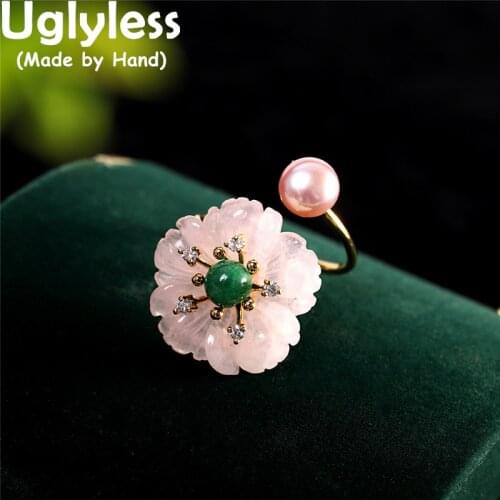 Uglyless Natural Pink Crystals Sakura Rings for Women Big Size Floral Jewelry Freshwater Pearls Rings 925 Silver Open Ring Gold