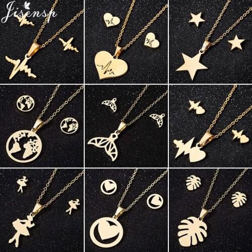 Bijoux Femme Gold Stainless Steel Necklaces for Women Fashion Heartbeat Star Ballet Heart Necklace Earrings Set Wedding Jewelry