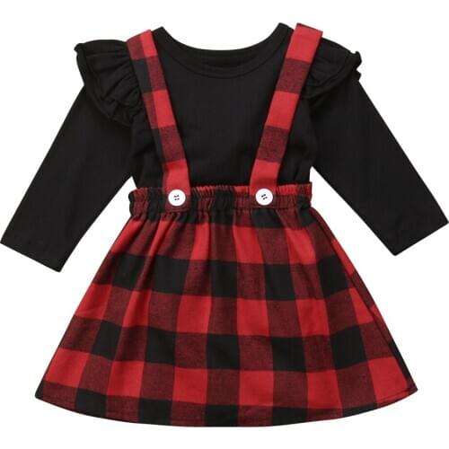 2Pcs Toddler Baby Girl Infant Long Sleeve T-Shirts+Plaid Overall Strap Skirt Set New Year Cotton Outfits 0-4Y