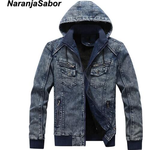 NaranjaSabor 2020 Autumn Winter New Mens Hooded Jean Jackets Thick Mens Warm Fleece Denim Jacket Cowboy Casual Coat Male N663