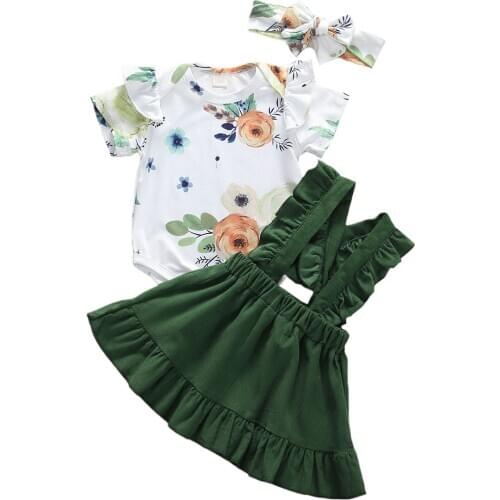 Citgeett Summer Newborn Infant Baby Girl Outfits Floral Romper Strap Green Skirts Headband Clothes Set