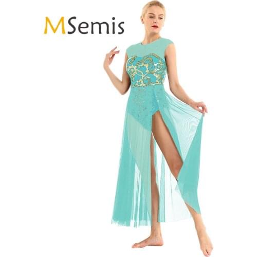 MSemis Women Dress Sleeveless Floral Sequins Tank Leotard Maxi Dress Lyrical Modern Contemporary Dance Ballet Dress Costume