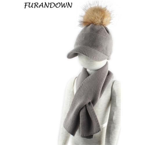 Boy Girl Real Fur Pom Pom Beanie Winter Warm Scarf Hat For Kids Children Knitted Baseball Hat Scarf Set