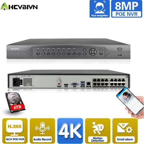 H.265 16CH 4K 8MP 5MP PoE NVR ONVIF P2P XMEye Security Network Video Recorder POE H.265 16CH PoE Ports Two SATA Port 4K Output