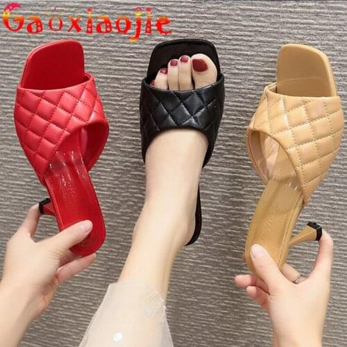 Slippers Women 2020 Summer New Fashion PU Woven Thin Heels6.5CM Sandals Women Casual Square Toe Word Net Red Slides Woman Shoes