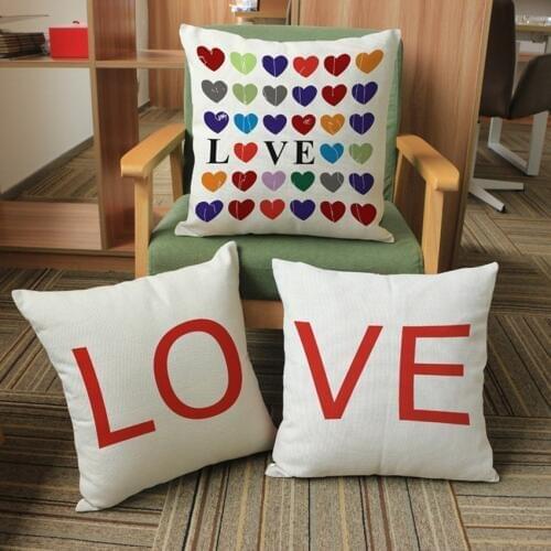 Wedding Decoration Pillows New Couple Red Letter Love Heart Print Cushion Cover Home Decor Linen Sofa Pillow Cover 45x45cm