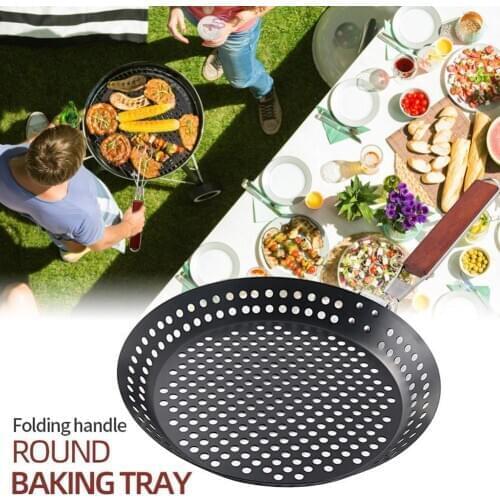 Outdoor Round Barbecue basket with Folding Handle Multi-function Frying Pan barbecue tray folding frying pan for camping
